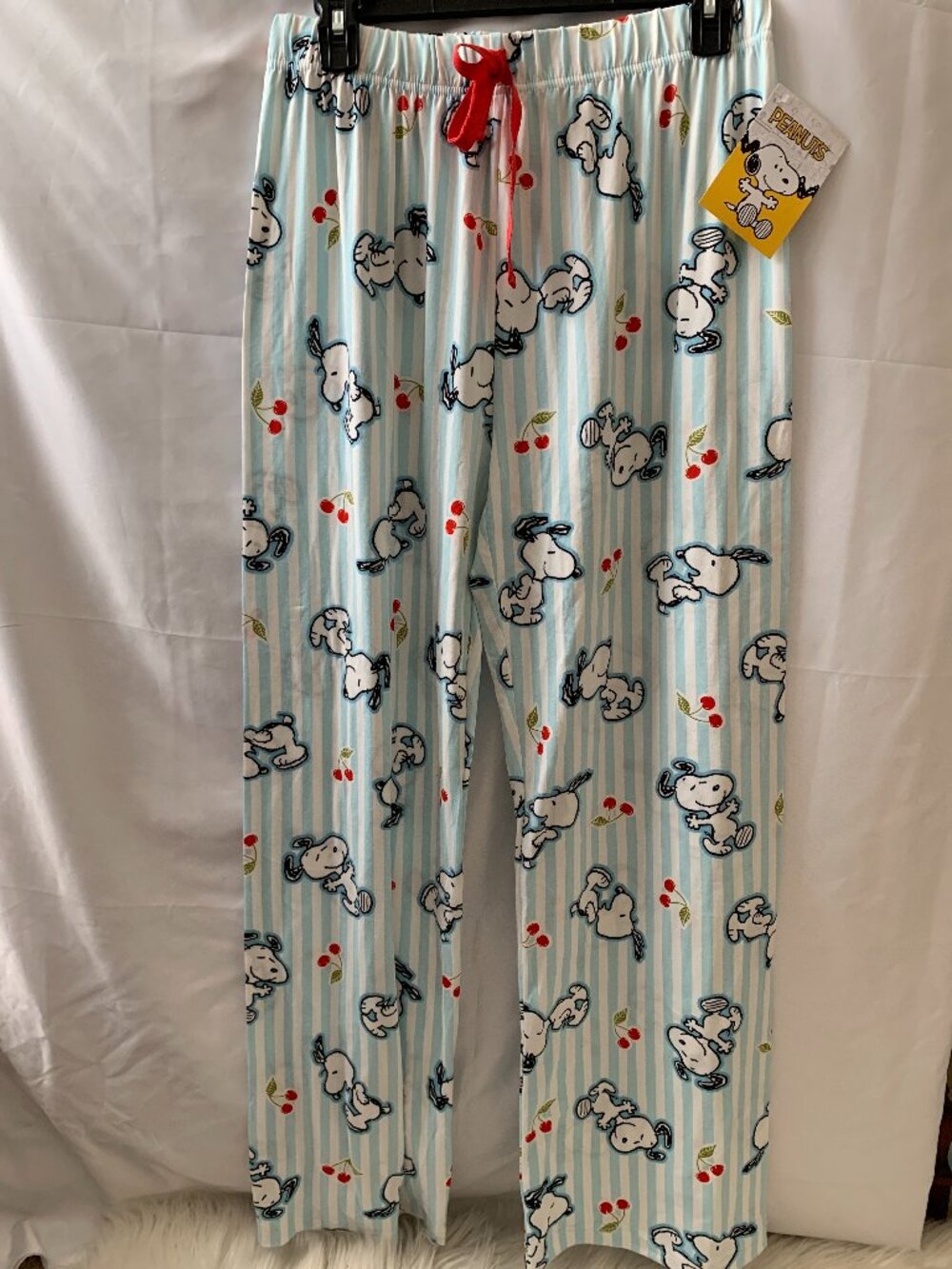 PEANUTS Snoopy Cherry Vertical Striped Lounge Sleep Pants Sz LARGE